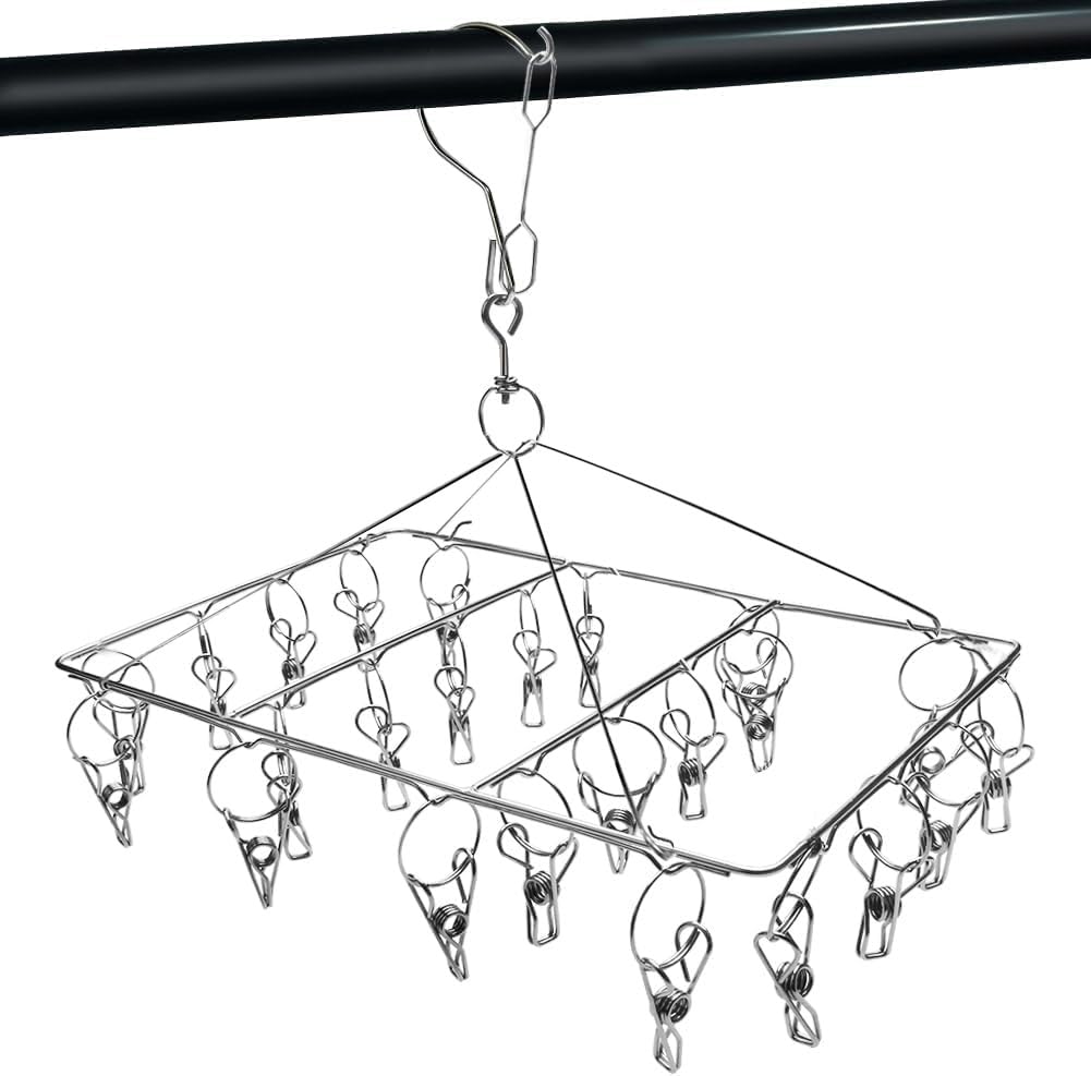 XYUXWLG Sock Hanging with 24 Pegs - Stainless Steel Sock Hanger Drying Rack with Swivel Hook - Windproof Laundry Hanger for Socks, Underwear, Baby Clothes and Hats (1PCS) — image 1