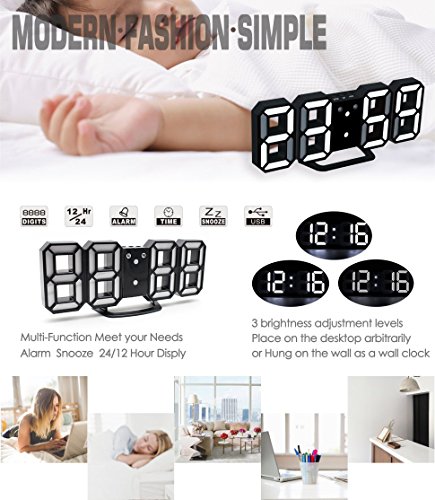 LED Digital Alarm Clock For Desk / Shelf / Tabletop, Modern Home Decoration 3D Wall Clock, Easy To Read at Night, Loud Alarm and Snooze, Big Digit Display (Black Frame, White Light) - Thumbnail 4