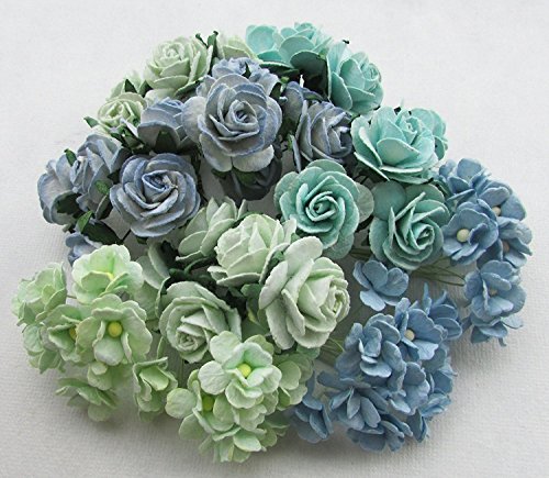 60pc Green Tone Artificial Flowers Paper Rose Flower Wedding Card Embellishment Scrapbook Craft, Product From Thailand By Thai decorated