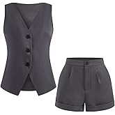 winkbay Women's 2 Piece Outfit Button Up V Neck Blazer Vest and Tailored Shorts Set