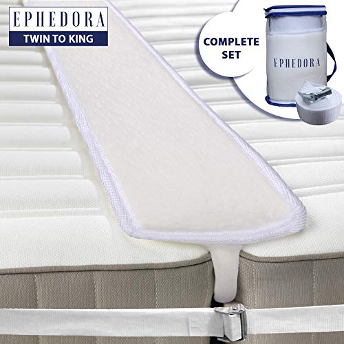 EPHEDORA Bed Bridge Twin to King Converter Kit - Mattress Extender Set to Fill in Gap - Memory Foam Filler Pad and Connector Strap - for Guest and Family Room