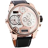 OULM Men Digital Quartz Watch 3 Time Sub-dials Leather Strap Rose Gold Oversize Case Military Japan Movement Luxury Design + Box