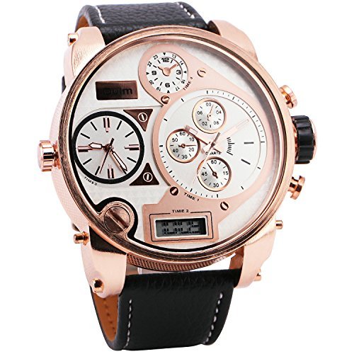 OULM Men Digital Quartz Watch 3 Time Sub-dials Leather Strap Rose Gold Oversize Case Military Japan Movement Luxury Design + Box
