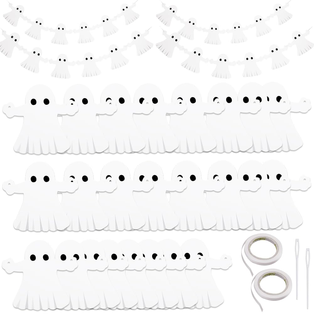 GORGECRAFT 12PCS Halloween Theme Banner White Ghosts Garland Paper Banners Ghosts Hanging Outdoor Indoor Decorations for Halloween Festival Holiday Party Haunted House Wall Doorways Mantel Supplies