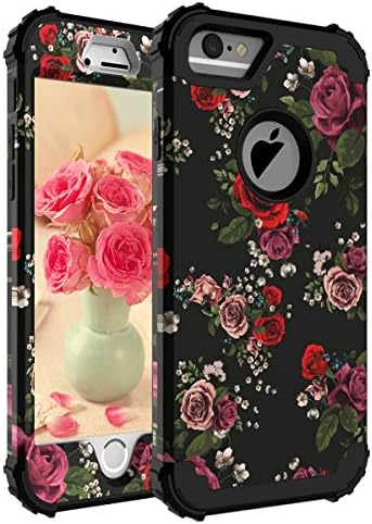 KaSoul Case for iPhone 6 Case fpr iPhone 6S Pretty Flowers Hybrid Enhanced Shock Resistant 3 in 1 Cover Red and Purple Rose for Girls/Women,Floral Black
