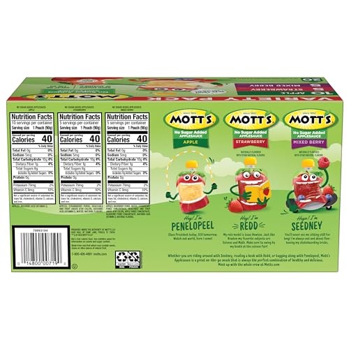 MOTT’S NO SUGAR ADDED APPLESAUCE VARIETY PACK, 3 FLAVORS – APPLE, STRAWBERRY & MIXED BERRY, MADE FROM REAL FRUIT, NO ARTIFICIAL FLAVORS, 3.2 OZ CLEAR POUCHES, 20 PACK