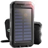 Solar Charger, 8000mAh Rain-Resistant Solar Power Bank, Portable Shockproof Solar Cell Phone Chargers, Dual USB Port Backup Power Pack with Strong LED Flashlights Compass For Outdoor Use (Black)
