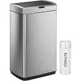 ELPHECO 50 Litre Kitchen Trash Can with Lid 13.2 Gal Automatic Garbage Can | Brushed Stainless Steel Kitchen Trash Can with 10 Bags Upgraded Silent-Closing, Fingerprint-Resistant, Kitchen Office, Silver