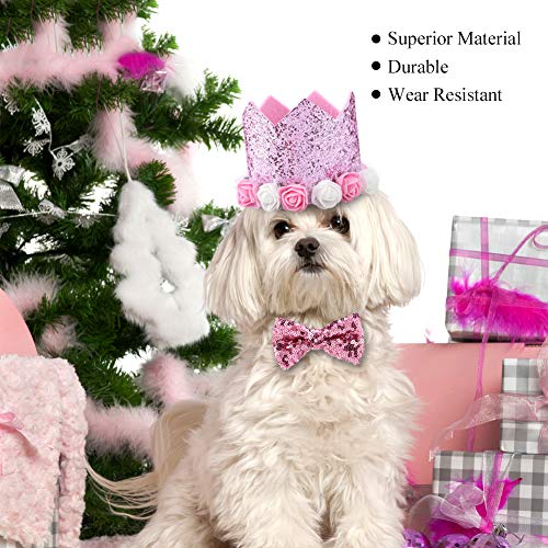 Dogs Hat, Fashionable Christmas Birthday Party Pet Dogs Cats Shiny Flower Crown Hat Bow Tie Set(Pink)