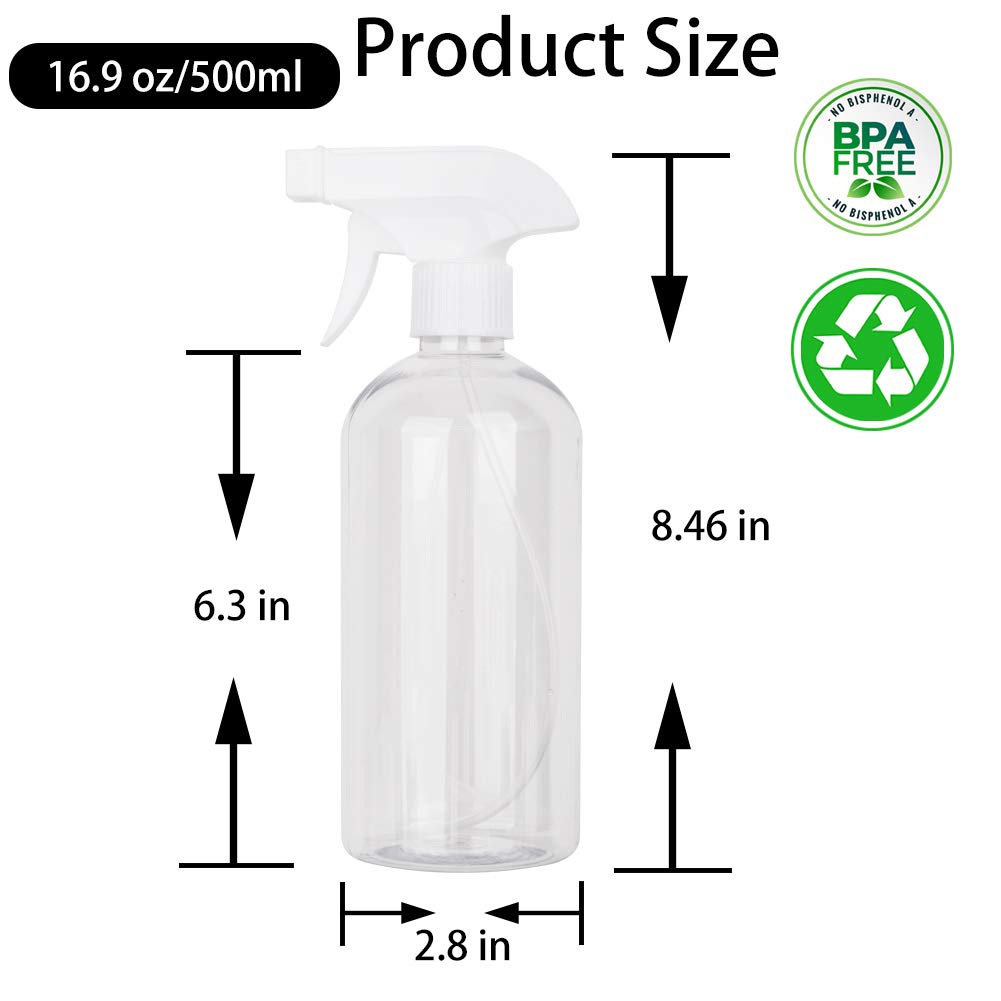 UUJOLY 17 oz Plastic Spray Bottle Trigger Empty Spray Bottles Clear Refillable Container for Water, Essential Oils, Hair, Cleaning Products, Adjustable Head Sprayer and Stream (2 Pack)