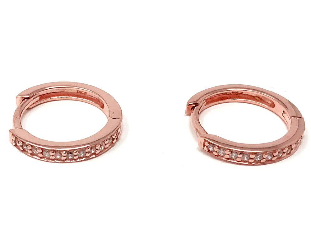 Ladies 18 Carat Rose Gold Plated Small Hoop Hinged Huggie Earrings with Cubic Zirconia for Women or Girls with Gift Box