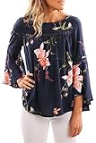 Coutgo Women Floral Print Trumpet Sleeves Irregular Tops