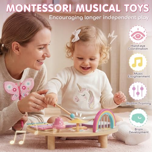 Lehoo Castle Wooden Montessori Children's Drum Set Toy from 1 - 3 Years Girls, Musical Instruments for Children with Xylophone Drum, Music Toy for Preschool Babies, Educational Toy Gift