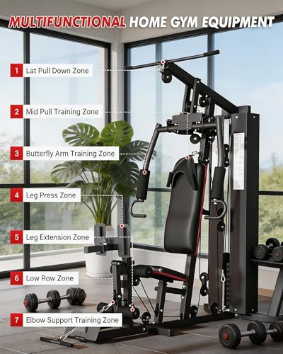 Home Gym Equipment, Multifunctional Home Gym Machine with 150 Lb Weight Stack for Back, Chest, Arms, Legs, All in One Exercise Station, Full Body Workout Machine for Strength Training