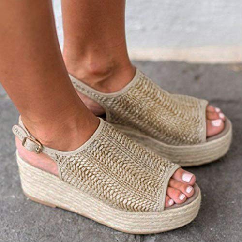 Women Platform Wedge Sandals Casual Espadrilles Open Toe Ankle Thick Heel Roman Ladies Shoes Beige