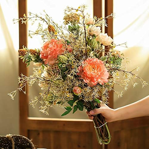 アートフラワー 牡丹フェイクフラワーリアルタッチブーケ付き花瓶鉢植え植物用オフィスデスク装飾