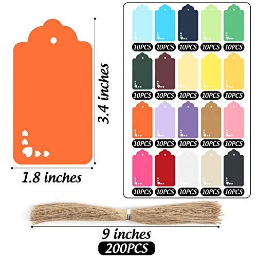 Koogel 200Pcs Gift Tags,20 Colors Tags with String Paper Tags Coloured Gift Tags for Gifts Arts and Crafts Wedding Holiday