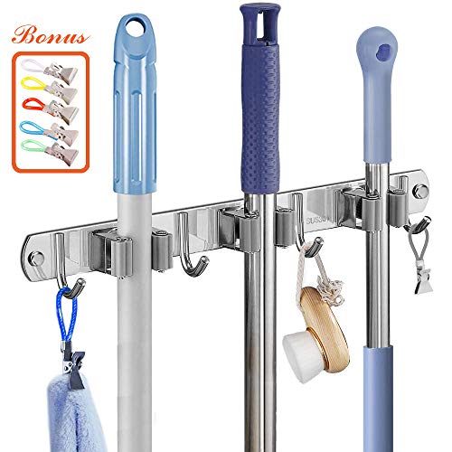 GUUKIN Broom and Mop Holder Wall Mount, Garage and Garden Tools Organization and Closet Storage, Stainless Steel Tool Rack with 3 Racks 4 Hooks for Kitchen, Bathroom, Laundry with 5 Tea Towel Clips