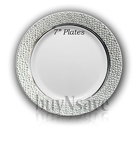 buyNsave White with Silver Heavyweight Plastic Elegant Disposable Plates, Wedding Party Elegant Dinnerware, Hammered Collection (40, 7" Dessert Salad Plates)