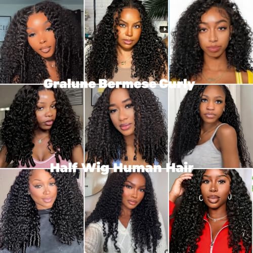 Human Hair Wig Curly Human Hair Half Wig Half Head Burmese Curly Brazilian Glueless with Spiral Curly Ends 3 in 1 Drawstring Seamless Clip Ins Flip Over Natural Black 24 Inches