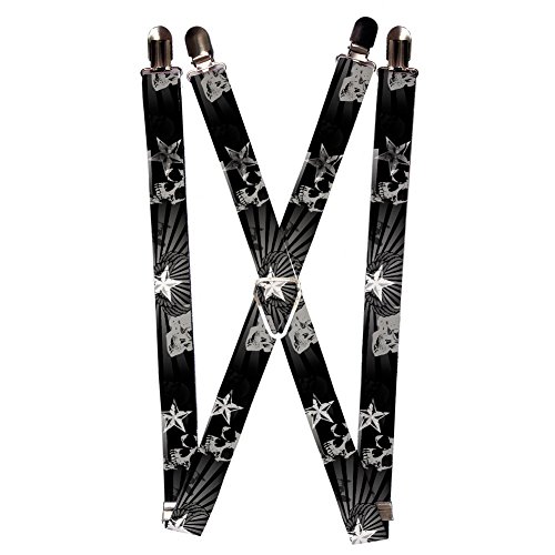 White Skulls and Stars on Black and Grey Suspenders