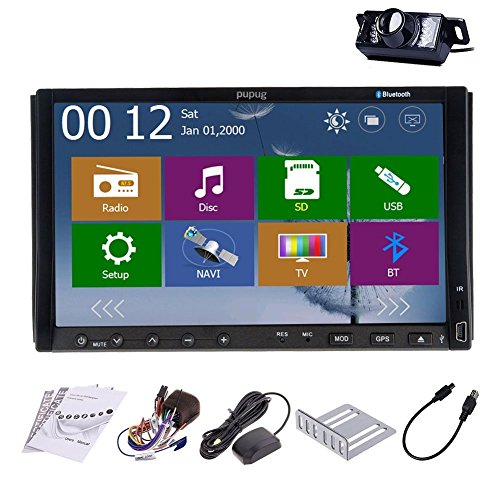 Rear Camera Included Pupug 2015 New Model 7-Inch Double-2 DIN In Dash Car DVD Player Touch screen LCD Monitor with DVD/CD/MP3/MP4/USB/SD/AMFM/RDS Radio/Bluetooth/Stereo/Audio and GPS Navigation SAT NAV Head Deck Tape Recorder Wall Paper exchange HD:800*480 LCD+Windows Win 8 UI Design Free GPS Antenna+Free USA GPS Map+Free Backup Camera