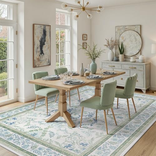DCX Green 8x10 Rug, Kid & Pet Friendly with Rubber Back Non Slip, Machine Washable Stain Resistant Botanical Floral Rug for Living Room, Bedroom, Soft Low Pile Large Nursery Carpet