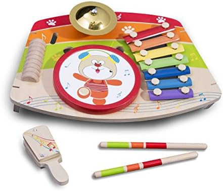 5 in 1 Wooden Percussion Music and Sound Development Toy - Drum Set Features 5 Unique Ways For Kids To Play Music - Xylophone, Drum, Clapper, Cymbal, and Guiro - Great For Young Kids
