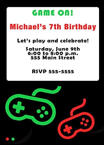 30 Invitations Black Red Video game Design Birthday Party Personalized Cards  30 White Envelopes