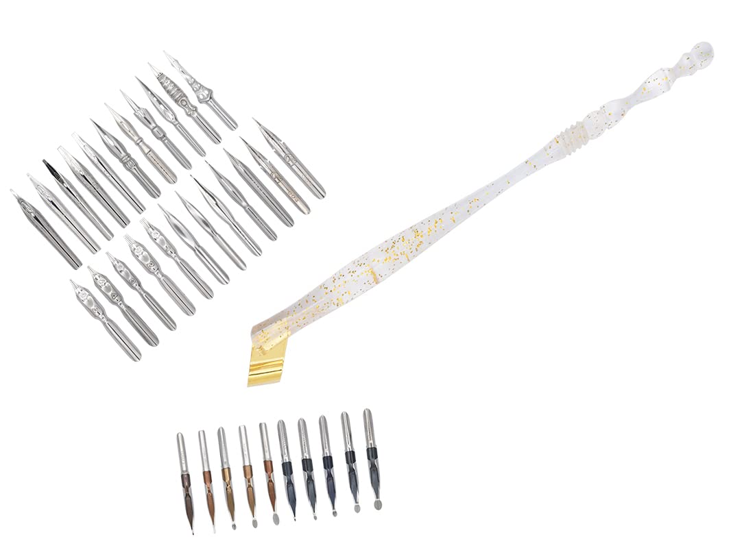 Gullor Oblique Calligraphy Dip Pen Nib Holder, Removable Nib Pen Handle Stand with 33 Nibs, Transparent Pink