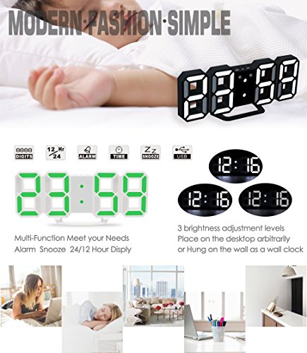 LED Digital Alarm Clock For Desk / Shelf / Tabletop, Modern Home Decoration 3D Wall Clock, Easy To Read at Night, Loud Alarm and Snooze, Big Digit Display (White Frame, Green Light) - Thumbnail 3