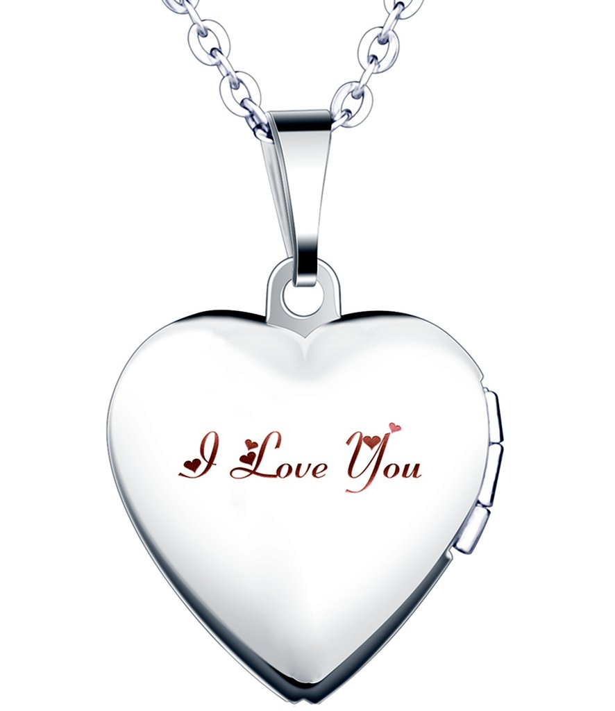 Yumilok stainless steel "I Love You" engraving photo locket for opening photo images, amulet silver tones, pink/blue heart pendant necklace for women/girls pink