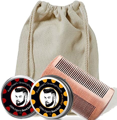 Beard Gift Set - All-In-One Beard Care Kit with two sided Wooden Beard/Hair Comb and Two Beard Balms 100% organic (Cedarwood and Classic - 1oz) - Packaged in Gift Canvas bag