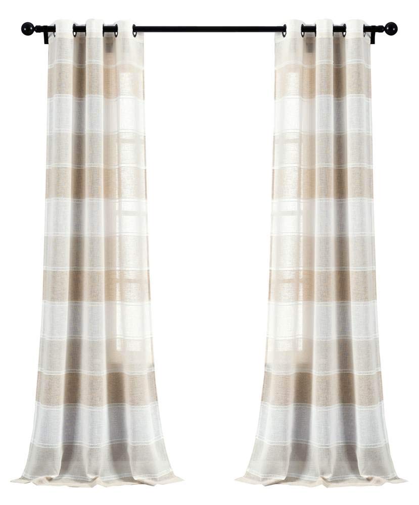 Lush Decor Beige Textured Striped Grommet Sheer Window Curtain Panel Pair (84" x 38"), 84" x 38