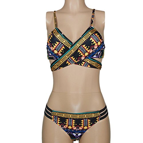 Challyhope Bikini Swimsuit, Women Monokini Sexy Bohemia Push-up Bra Beach Bathing Suit Two Piece (L, Black)