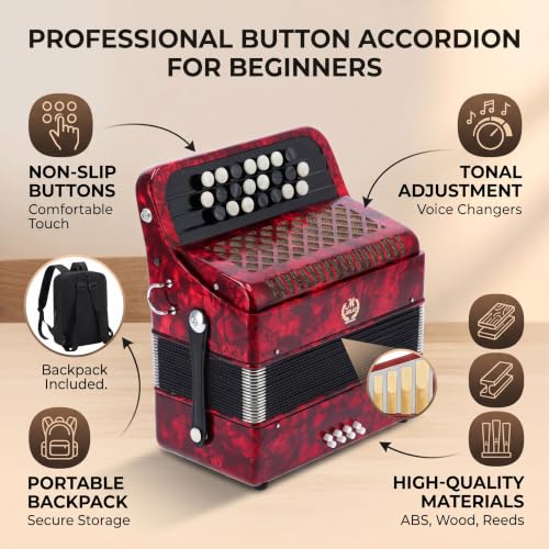 Acordeón para Principiantes, 22 Teclas, 8 Bajos, Instrumento de Lengüeta de Botón Profesional para Principiantes con Bolsa de Almacenamiento (Rojo)