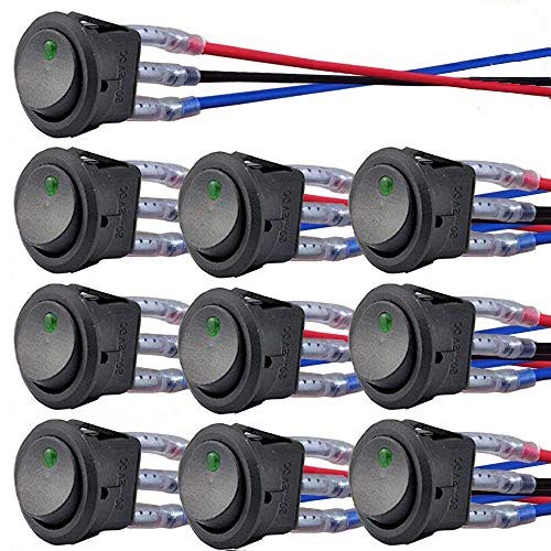 DONJON Illuminated Rocker Toggle Switch,10pcs Mini ON/OFF SPST switch with Pre-soldered 16AWG Wires,12V 20A/24V 10A Round Rocker Switch for car,Light,Truck,Machine,Boat,Motor,3 Pins 2 Positions(green)