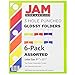 JAM PAPER Laminated Two Pocket Glossy 3 Hole Punch School Folders - Letter Size - High Gloss Assorted Primary Colors - 6/Pack