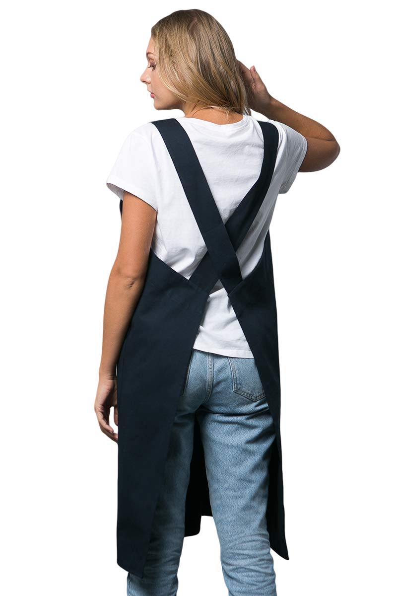 Bunny Street No-Tie Cotton Pinafore Apron – Premium Japanese Cross-Back Apron for Women with Pockets – Ideal for Florists, Artists, Crafters (Navy)