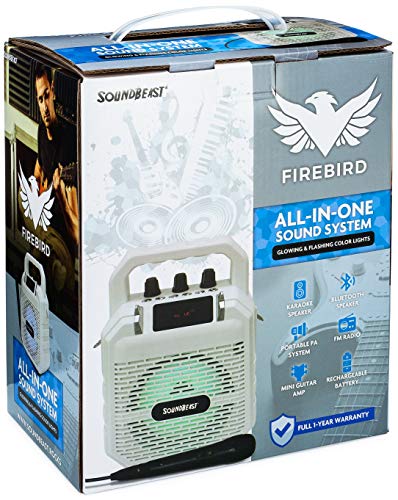 SoundBeast Firebird Karaoke Machine & Portable PA Speaker System For Kids & Adults - With Lights, Microphone, Bluetooth (White)