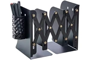 JIARI Adjustable Bookends Book Ends Stand Holder Book Storage Rack Shelf Bookend Desktop Desk Book Organizer with 1pcs Pen Holder (Black)