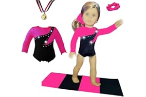 DOLL CONNECTIONS Sparkling Success: 2024 American Doll Girl Pink Gymnastics Doll Clothes Set with Leotard, Mat, Olympic Medal and Hair Accessory. 4 PCS in All! Doll Not Included