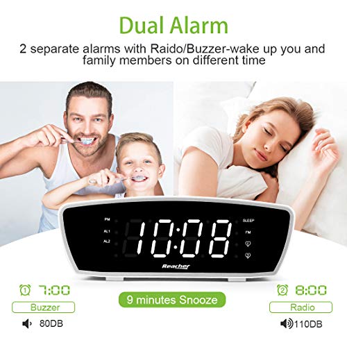 Reacher Modern Dual Alarm Clock Radio with Adjustable Alarm Volume for Heavy and Light Sleepers, USB Phone Charger Port, Sleep Timer, Dimmer, Snooze for Bedrooms Bedside (White)