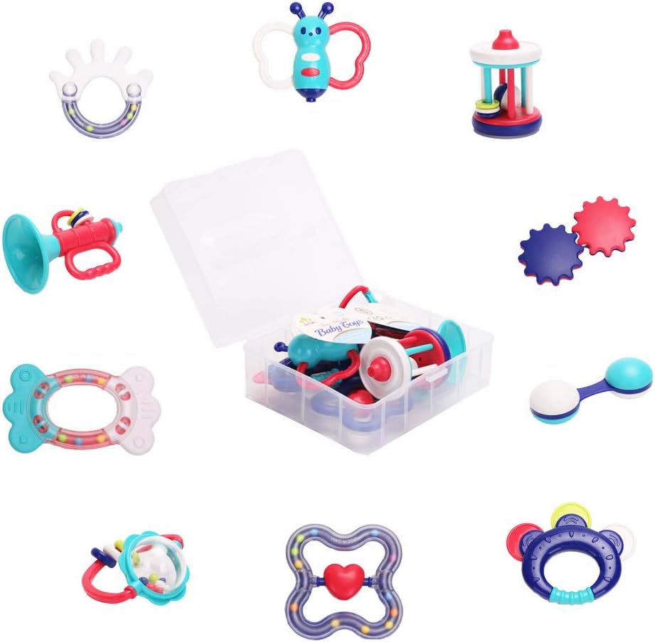 Happytime Rattle Teether Set Baby Toys Baby 10pcs Shaker, Grab, Shaking Bell Rattle Set BabyToys for Newborn Infant with Storage Box Gift for 3 6 9 12 18Month