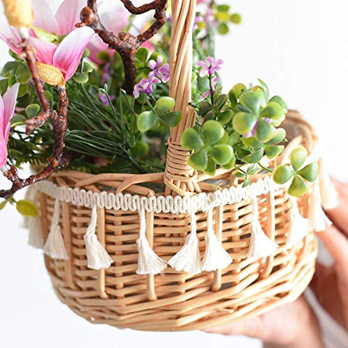 Ladeyi Handmade Classic Flower Girl Basket Natural Burlap with Lace Basket Tassel Portable Flower Basket Flower Basket Flower Basket Flower Decorated for Wedding - Thumbnail 5