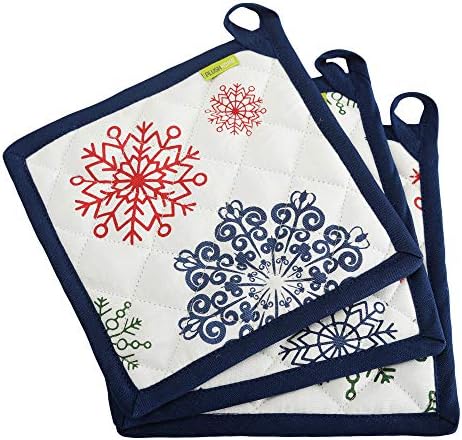 Plush Home 100% Cotton Eco-Friendly Snowflakes Printed Kitchen Pot Holders with Hanging Loop, High Heat Resistant, Machine Washable for Kitchen, Cooking & Baking Set of 3 | Size - 8"x8"