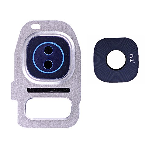 LUVSS New Back Camera Ring Cover Replacement for Samsung Galaxy S7 / S7 Edge (All Carriers) Rear Camera Bezel Holder + Glass Lens with with Adhesive Sticker Repair Part (Silver)
