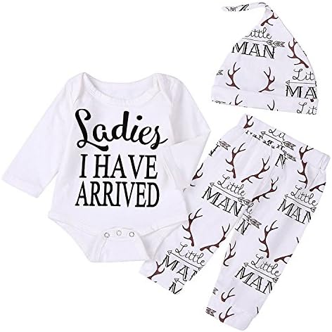 Sleezy Baby Boy Girl Suit For Baby Shower Deer Print Long Sleeve Romper+Long Pants+Hat 0-18 M (Tag 90/6-12 Months, Ladies White)