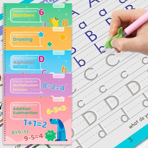 Large Grooved Handwriting Practice Books, 5-Pack Reusable Magic Copybooks with Pencil Grips, Tracing Books for Kids Ages 3-8, Preschool Kindergarten Learning Activities, Alphabet and Number Workbook