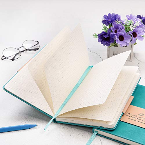 Bullet Journal - Dot Grid Hard Cover Notebook, Premium Thick Paper with Fine Inner Pocket, Mint Smooth Faux Leather, 5''×8.25''